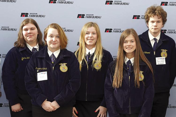 HARDIN-CENTRAL INSTRUCTOR Joe Robinson (from left); Hardin-Central students Sophie Dial and Kadence Quick; and Richmond students Allison Coats, Grace Bozarth and Jeremiah Silkwood, along with Richmond instructor Charles Foreman. The Ray Countians had a successful trip and learned much while in the state Capitol. Submitted