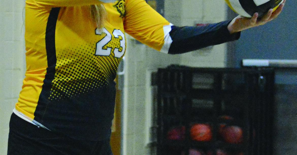 EMERIE QUALLS prepares to serve in Orrick’s season-opening match against Lone Jack. SHAWN RONEY | Staff