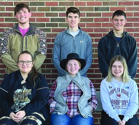 HARDIN KING courtwarming candidates are Jesse Doyle (from left, back row), Drew Hawkins and Kameron Pugh. Hardin queen courtwarming candidates are Kelsie Covey (front row), Kady Musselman and Miranda Smith.