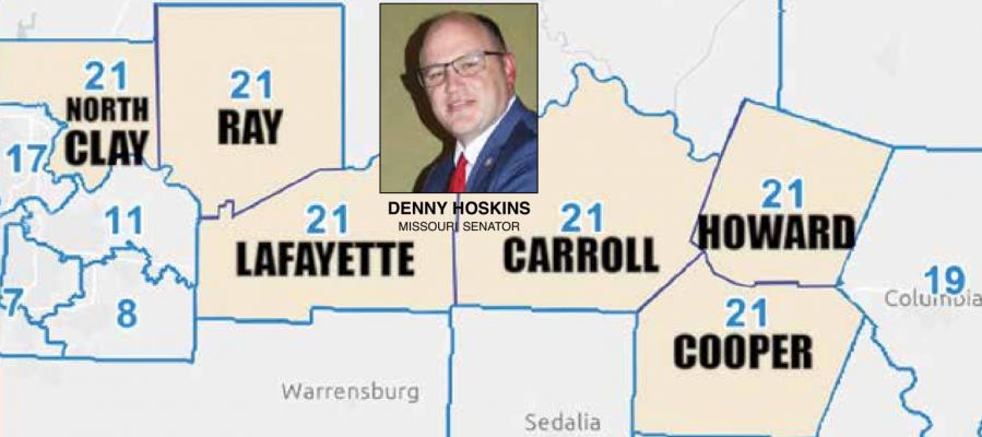 THIS MAP of the proposed 21st Senatorial District takes in the top half of Clay County, including Excelsior Springs, plus all of Ray, Lafayette, Carroll, Howard and Cooper counties. Sen. Denny Hoskins, who lives in Johnson County, would represent the new district until his term ends in two years. J.C. VENTIMIGLIA | Staff