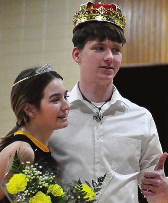 SENIOR ANNA PARKER enjoys the honor of being named court warming queen after Orrick’s 57-17 Jan. 21 loss to Tina-Avalon/Norborne. Fellow senior Chanler Woods is crowned king. SHAWN RONEY | Staff