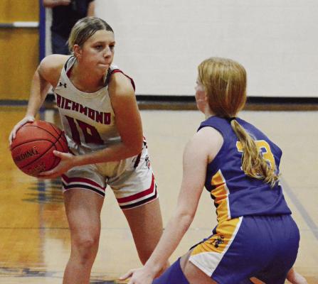 SENIOR GUARD Kaylee Pugh (left) sizes up her defender, Lafayette County first-year high schooler Addison Frerking, Dec. 8 at the Husker Classic. SHAWN RONEY | Staff