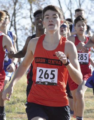 HARDIN-CENTRAL junior Drew Hawkins bolts downhill early in the Class 1 District 4 boys race Oct. 29 at Platte Ridge Park in Platte City. SHAWN RONEY | Staff