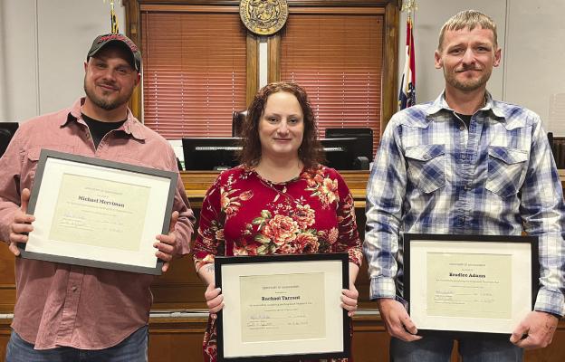 GRADUATES OF 34TH Ray County Drug Court — Michael Merriman (from left), Rachel Tarrant and Bradlee Adams — recently received their certificates. See page 2 for story. SOPHIA BALES | Staff