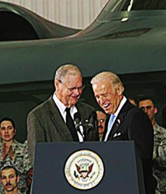 AT AN APRIL 15, 2012, visit to Whiteman Air Force Base, then-U.S. House Armed Services Committee Chairman Ike Skelton stands beside then-Vice President Joe Biden, now Presidentelect Biden, in front of a B-2 stealth bomber. Biden calls Skelton a friend and advocate for everyday service members. J.C. VENTIMIGLIA | Staff