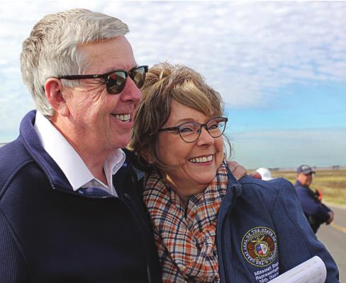 J.C. VENTIMIGLIA | Staff DURING an inspection of the Route J bridge in October, Gov. Mike Parson stands with Rep. state Peggy McGaugh.