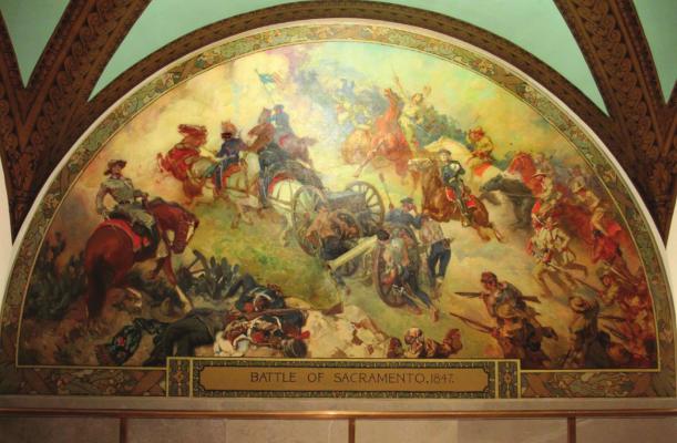 THIS MURAL inside the Missouri State Capitol depicts the Battle of Sacramento, where Alexander Doniphan led men from Ray and Clay counties to victory. Earlier in his career, he led militia members during the socalled Mormon War, but when militia members called for executing Joseph Smith, Doniphan saved him.