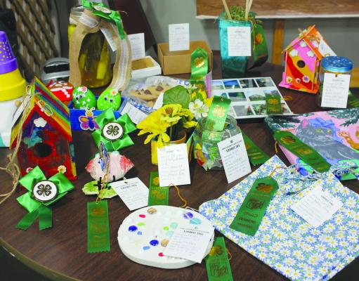 SCATTERED ACROSS the table are 4-H youth and Clover Kids’ projects from the 4-H Exhibit Day at the Eagleton Senior Center.