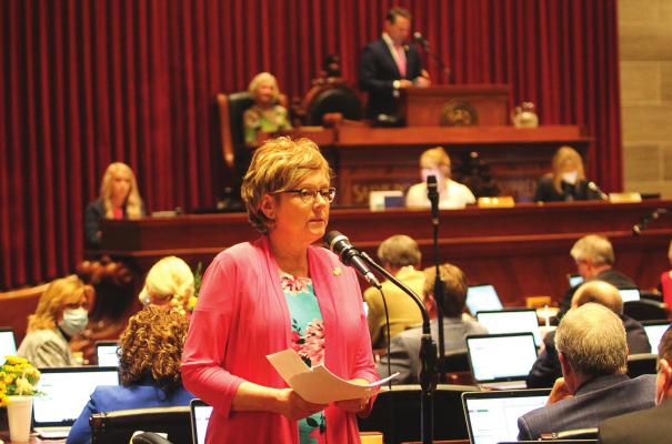 ON THE FLOOR of the Missouri House, Rep. Peggy McGaugh listens to an apology from Rep. Dan Shaul.