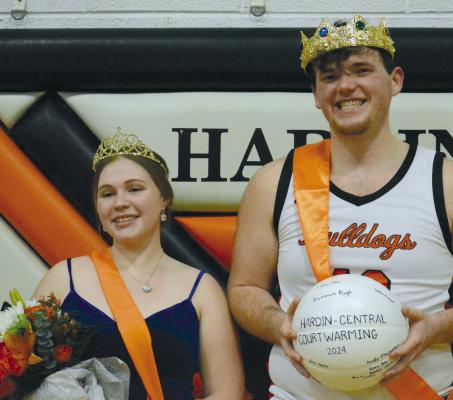 CADY MUSSELMAN (left) and Jesse Doyle savor the moment of being crowned courtwarming queen and king, Feb. 1 at Hardin-Central. SHAWN RONEY | Staff