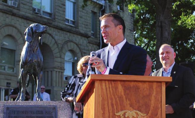 THEN-GOV. Eric Greitens recognizes Old Drum as Missouri’s state dog in June 2017 in Warrensburg.