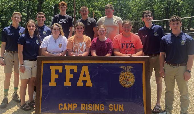 Participating in the FFA Camp Rising Sun near Lake of the Ozarks were State Vice President Maggie Stark (front row, from left), Kadence Quick, Lilly Lyon, Katy Musselman, Hannah Finley, State Secretary Karson Calvin and State Vice-President Colin Mclntyre. Back row: Wyatt Hendley State Vice-President, Noah Graham State Vice-President, Kaden McGinnis, Dillion Oyler and Jace Mcnelly. | Submitted