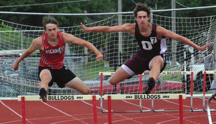 AFTER winning the boys 110-meter high hurdles, Dayne Loftin, left, looks to also qualify for state in the boys 300 intermediate hurdles May 21 at sectional competition in Odessa. Loftin almost makes it, finishing fifth. SHAWN RONEY | Staff