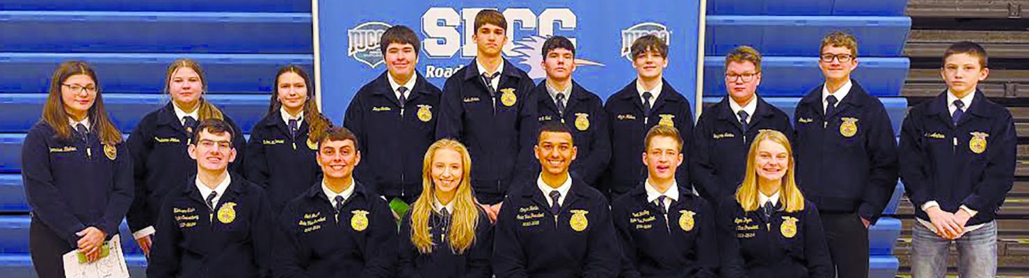 THE STATE OFFICERS of the Missouri FFA Association recently conducted 19 Greenhand Motivational Conferences in Missouri. Richmond students Ava Bozarth (back row, from left), Jewelianne Weber, Taylor McDonald, Zane Carter, Seth James, Logan O’Neal, Jacob Williams, Ben Curtis, Gavin Hook and Abe Arthur. The state officers are Karson Calvin (front row) Noah Graham, Isabella Hamner, Cooper Hamlin, Wyatt Hendley, Lynn Dyer. | Submitted