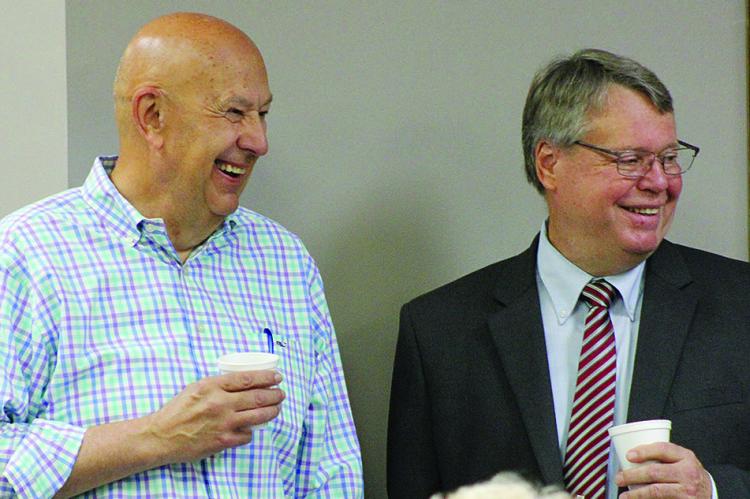 MISSOURI STATE Representative of District 53 Terry Thompson (left) and Richmond Mayor Mike Wright drink coffee at the Mayor’s Prayer Breakfast. SOPHIA BALES | Staff