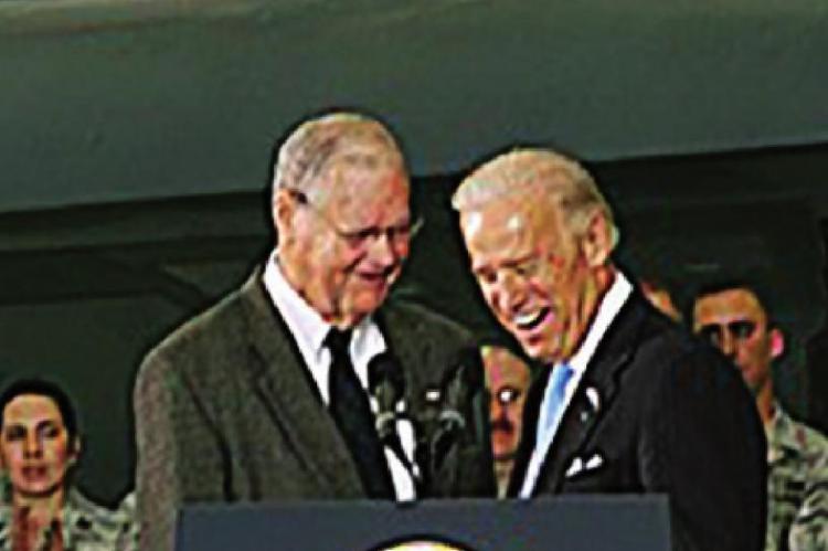 AT AN APRIL 15, 2012, visit to Whiteman Air Force Base, then-U.S. House Armed Services Committee Chairman Ike Skelton stands beside then-Vice President Joe Biden, now Presidentelect Biden, in front of a B-2 stealth bomber. Biden calls Skelton a friend and advocate for everyday service members. J.C. VENTIMIGLIA | Staff