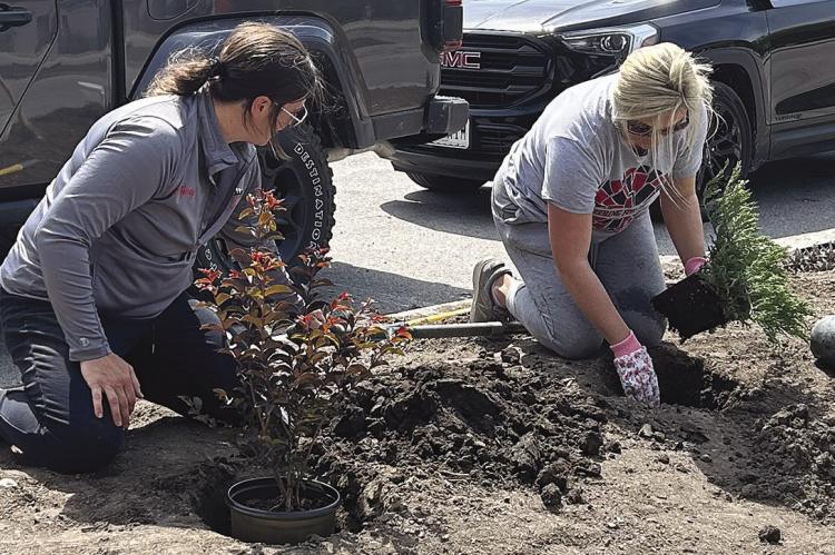PARKS AND RECREATION Department Assistant Mindy Todd (left) and Director Hailey Williams plant flowers at Hamann Park for Earth Day. KAITLYN RIDDLE | Staff