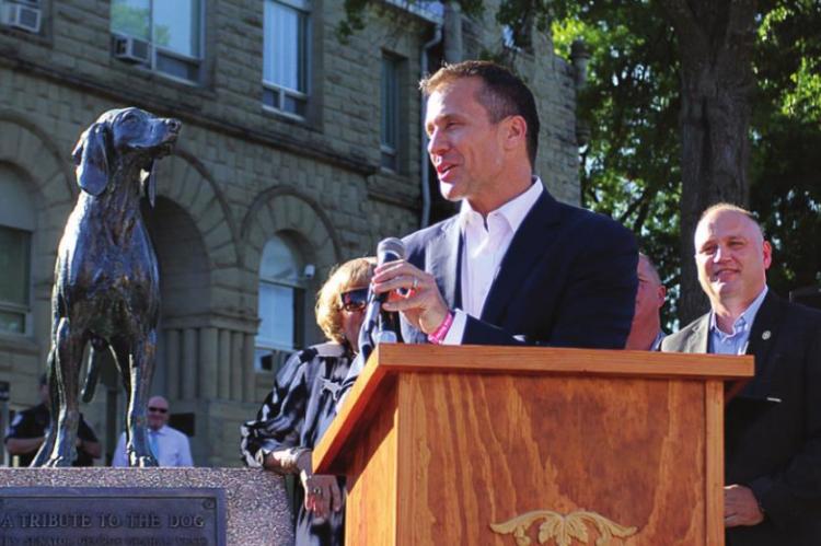 THEN-GOV. Eric Greitens recognizes Old Drum as Missouri’s state dog in June 2017 in Warrensburg.