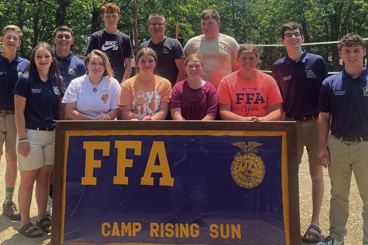 Participating in the FFA Camp Rising Sun near Lake of the Ozarks were State Vice President Maggie Stark (front row, from left), Kadence Quick, Lilly Lyon, Katy Musselman, Hannah Finley, State Secretary Karson Calvin and State Vice-President Colin Mclntyre. Back row: Wyatt Hendley State Vice-President, Noah Graham State Vice-President, Kaden McGinnis, Dillion Oyler and Jace Mcnelly. | Submitted